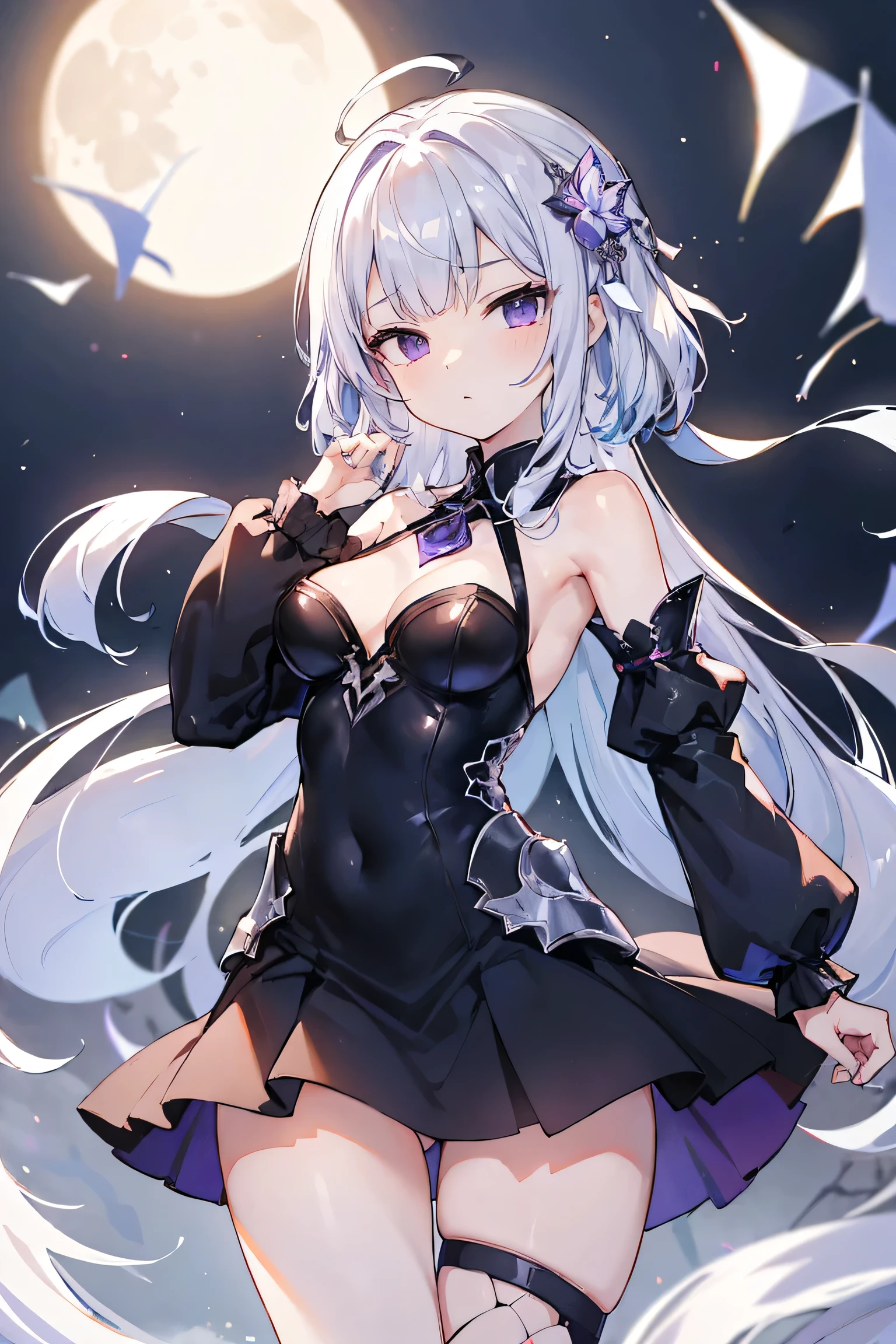 1girl, anime, cute girl, blank background, white background, fantasy, detailed fantasy dress with highlights, beautiful face, beautiful eyes, dark colors, black hair with multicolor streaks, red eye with different color pupil in eye, multicolor eye, medium breasts, slight cleavage, beautiful skin, cute, breast curtains, extremely delicate and beautiful, (beautiful detailed face:1.0), (detailed deep eyes), symmetrical breasts, deep eyes, shiny skin, portrait, slender waist, hips wider than shoulders, thighs, expressionless, young girl, luminous eyes, adorable，（Kpop idol）,（aegyo sal：1），（Platinum blonde hair：1），（（puffy eye）），Black panty，sexy posture，Superskirt, Ultra-high resolution，Black collar，slim figure, Abdominal y tattoo, womb tattoo，Tight-fitting leg ring，y tattoo on half-body，Bare skin, Armored hand，Hidden fingertips，Hand covered，Arm covered，Fist covered,{{beautiful detailed fingers}}, tufts of hair, moderate beautiful breast:1.0,(masterpiece:1.2), best quality, high-res, HDR, perfect face, intricate armor, delicate blue filigree, intricate filigree, red metalic parts, detailed part, dynamic pose, dynamic lights, cute face, neutral expression, shuimobysim, lotus, hanfu, maxi skirt, dress conservatively 1girl, solo, long blue hair, standing, One lady,years,((White hair) ,((Normal breasts)), (Shiny purple bodysuit with microskirt),((Fantasy, Moon Night))