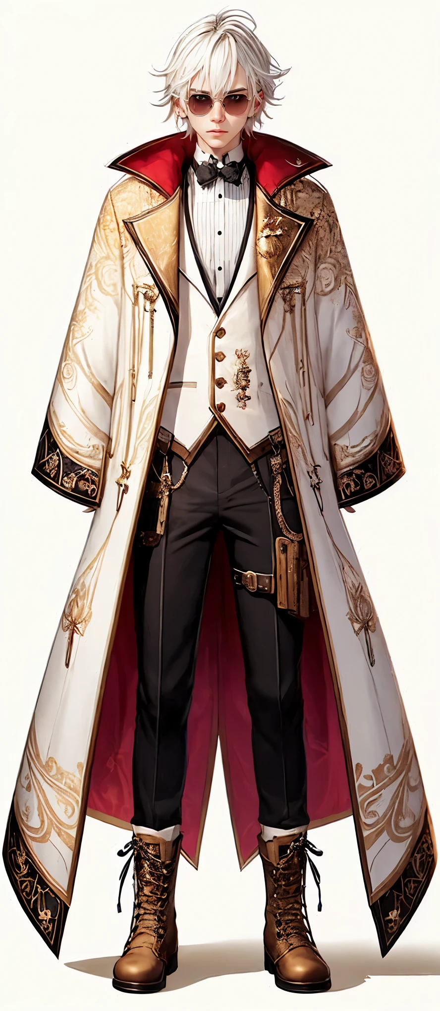 Realistic full body image of a anime man with white hair with sunglasses wearing a long, white and gold coat with a red inner lining with floral symbol sewn into both shoulders. The coat has a white harness. Under the coat he wears a red zip-up hoodie/vest with two zippers under his coat, a black tuxedo beneath that. On his left wrist, he has a blue wristband held in place with a small brown belt. the character's legwear consists of a pair of white pants held up by a belt with a rose buckle. Over his pants, he wears brown thigh straps with small belts in them. The character wears brown military boots that go up his shins
