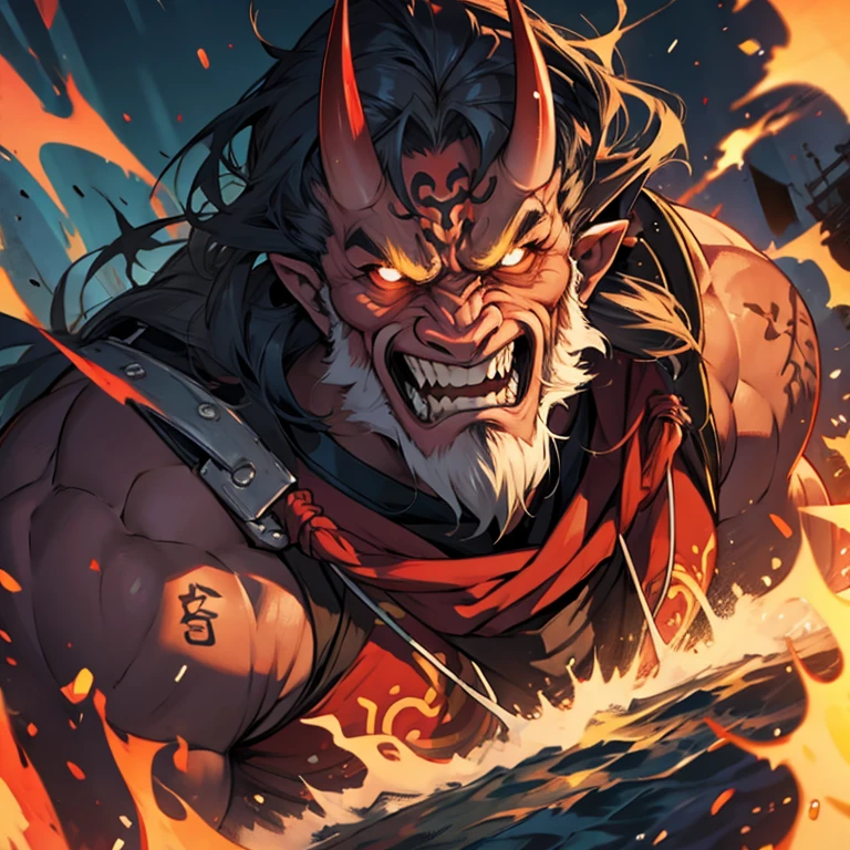 Fantasy painting of a bare chested muscular Dwarf from Warhamme, swinging huge axes, red beard and a mohawk haircut, tatooed, fighting an army of angry trolls,