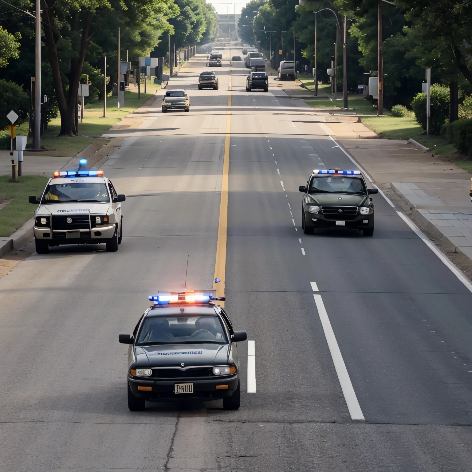 Police cars, trucks and helicopters, army, FBI and CIA driving very fast