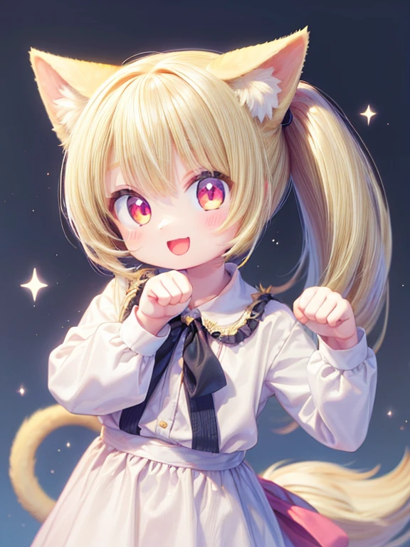 (masterpiece:1.2) , (best quality:1.2) , (ultra-detailed:1.2), 2.5D,extremely detailed,anime,girl,blonde hair,side ponytail,BREAK,red eyes,BREAK,gmy shirt,gmy buruma,cat ear,cat tail,paw pose,smile,:d