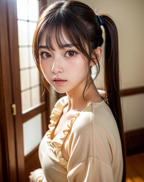 highest quality, Face Focus, Soft Light, Ultra-high resolution, (Realistic:1.4), RAW Photos,
1 Japanese girl, alone, cute, (pupil, light in your eyes), Beautiful face in every detail, (),(High resolution detail of human skin texture),
(Long Hair)、cheek、Twin tail hair、
indoor,
Lightweight ruffled camisole,From below、
(Portraiture)