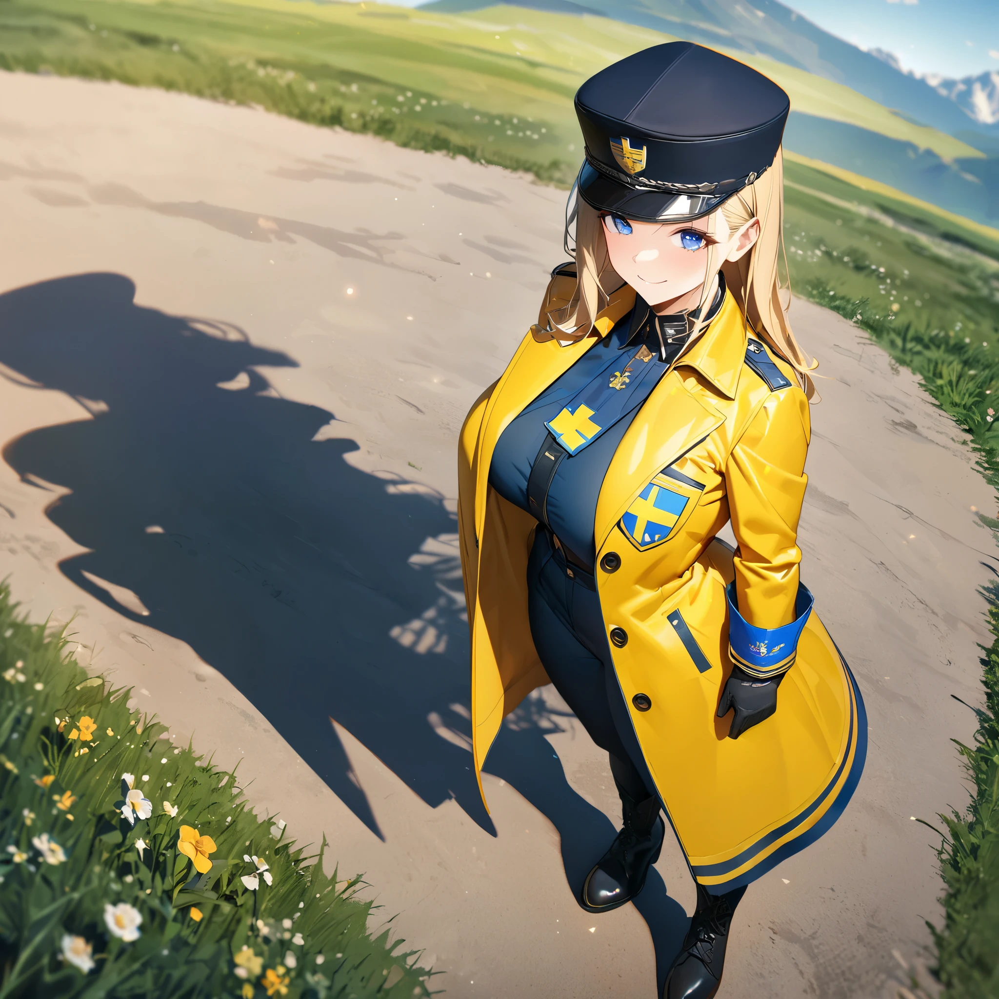 A woman wearing a dark blue military uniform with yellow details, black military boots, dark blue pants, long blonde hair with blue bangs, ice blue eyes, smiling, wearing a blue and yellow leather coat, coat of arms of Sweden, dark blue navy hat, black gloves, big breasts, full body, walking on a grassy area with mountains in the background.( solo woman), glow, drop shadow, flower, UHD, masterpiece, accurate, anatomically correct, textured skin, super detail, high quality, best quality, 8k, high resolution, bokeh effect.
