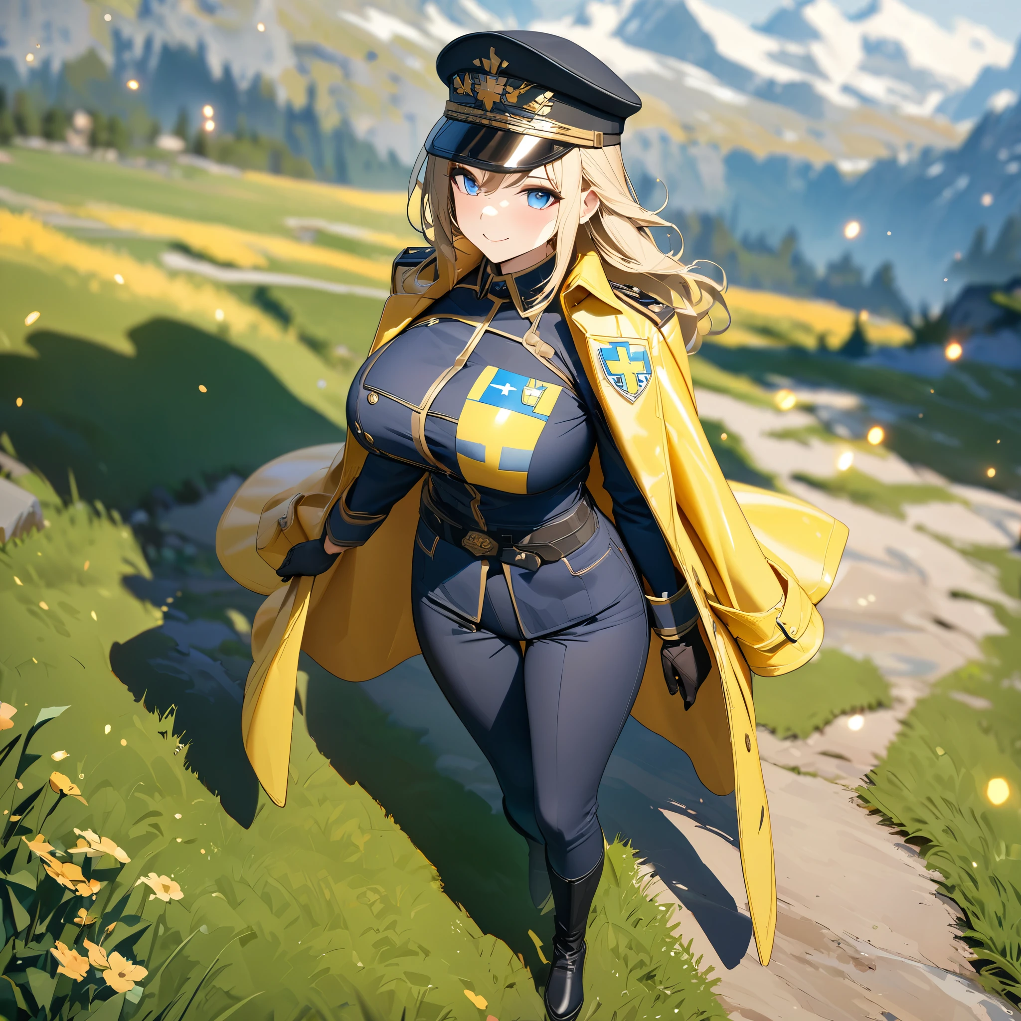 A woman wearing a dark blue military uniform with yellow details, black military boots, dark blue pants, long blonde hair with blue bangs, ice blue eyes, smiling, wearing a blue and yellow leather coat, coat of arms of Sweden, dark blue navy hat, black gloves, big breasts, full body, walking on a grassy area with mountains in the background.( solo woman), glow, drop shadow, flower, UHD, masterpiece, accurate, anatomically correct, textured skin, super detail, high quality, best quality, 8k, high resolution, bokeh effect.
