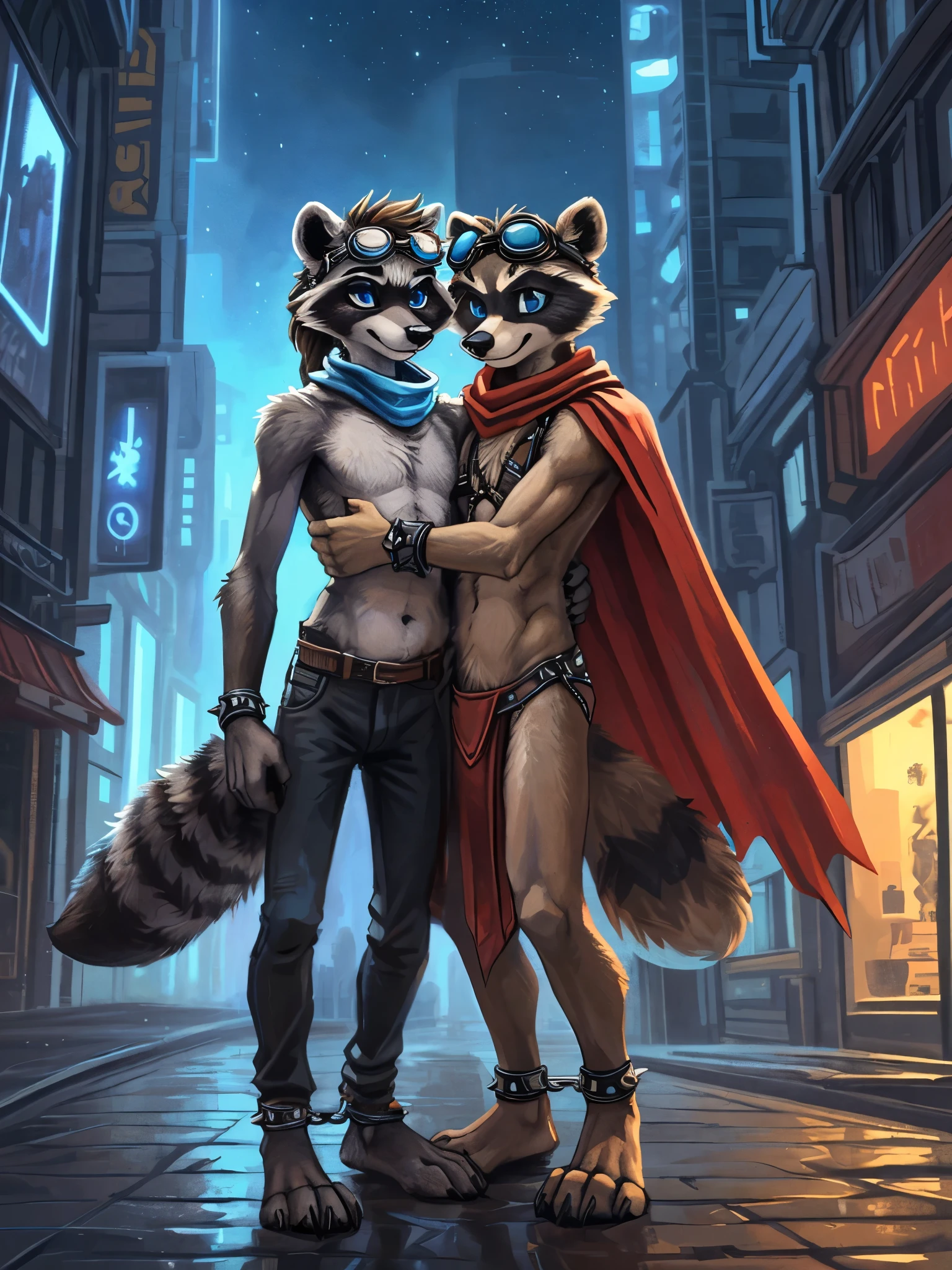 raccoon, furry, , grey body, black pants, art by kenket