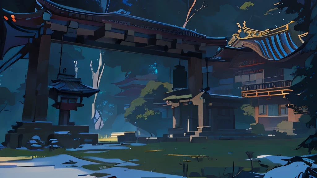 Anime style illustration of a small house in the forest, Depicting the background of the temple, Temple Background, zen Temple Background, anime background technology, Anime Background, background technology, mysterious temple setting, Palace Background, 2D Game Art Background, mobile game background, Random background scenes, background technologywork, Anime landscape concept art, 2d game background, 2D Game Environment Design