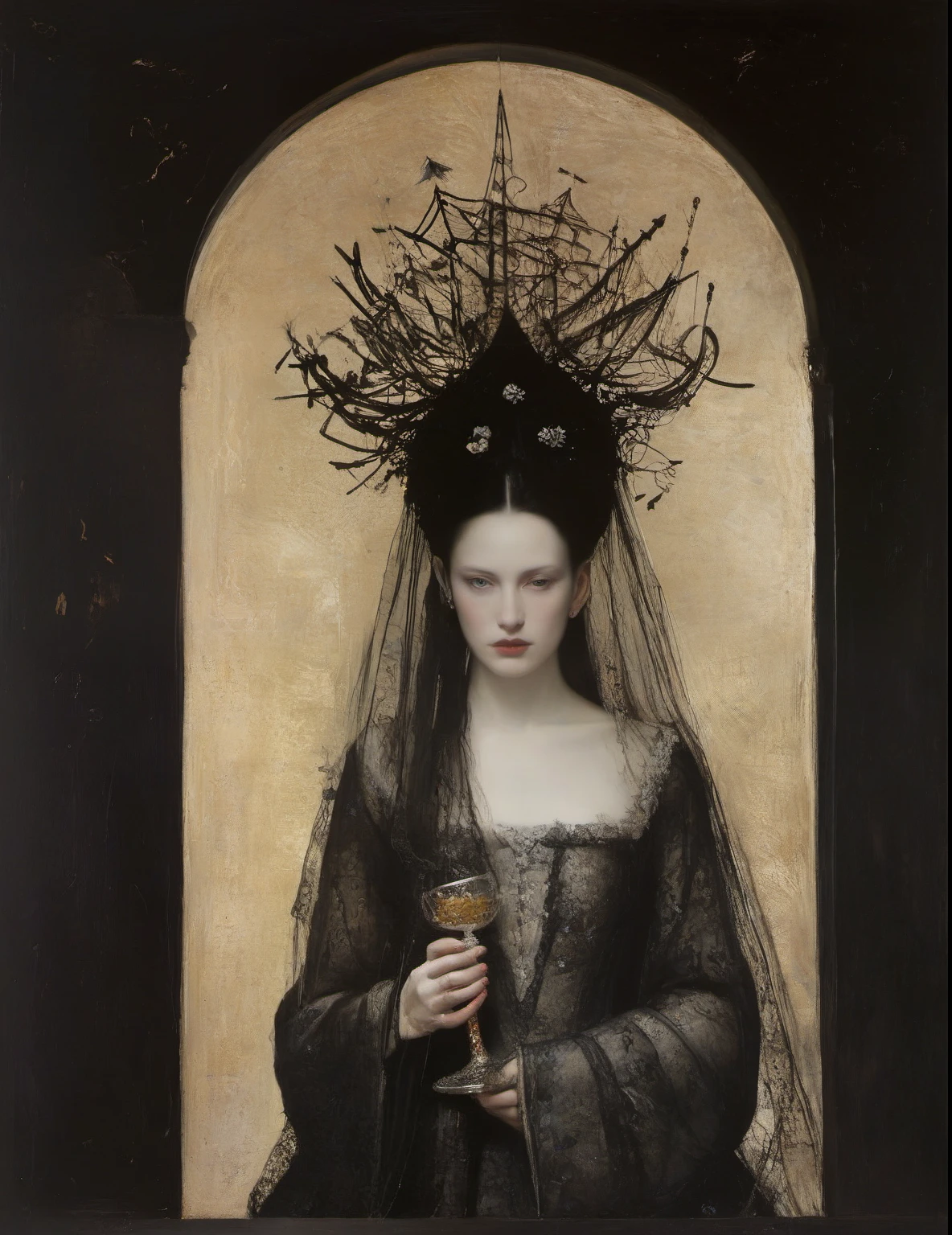 James Gurney, Surrealist art , dream-like, Mysterious, Provocative, symbolic, Complex, detailed,, (Gothic but very beautiful:1.4), (masterpiece, highest quality:1.4) , Nicola Samori Style, empress