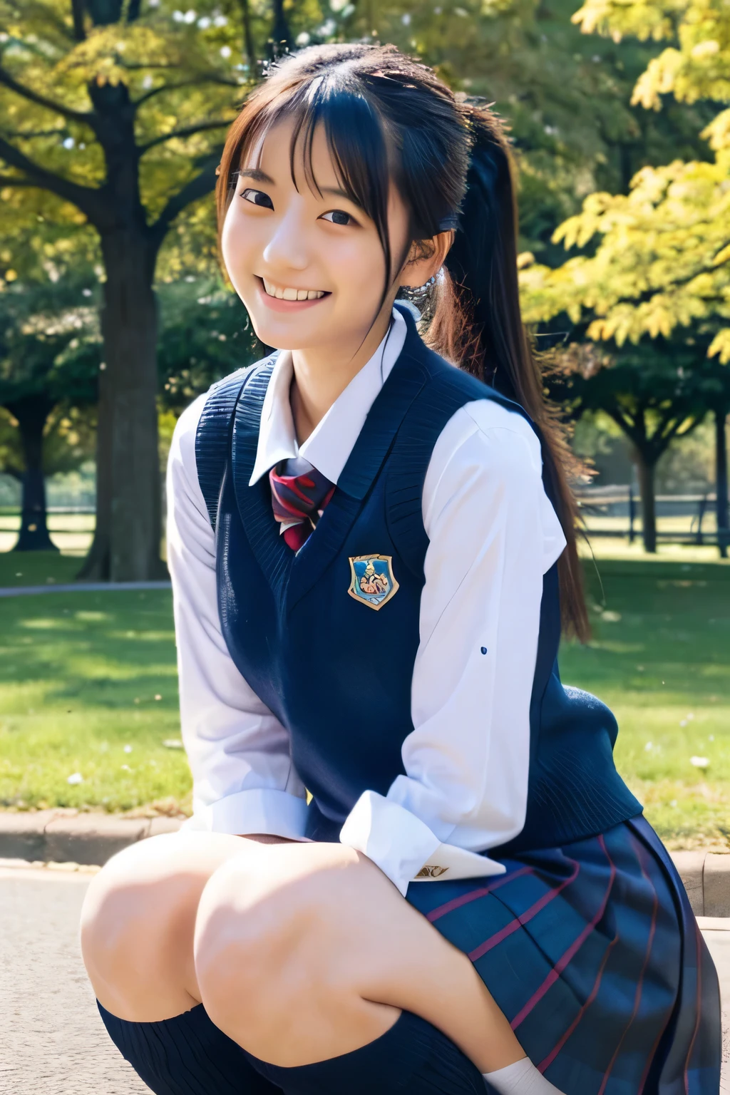 ((masterpiece)), japanese, (a girl), (18 years old), (((school uniform))), smiling, a park, dark blue knit vest, thighs, ponytail,