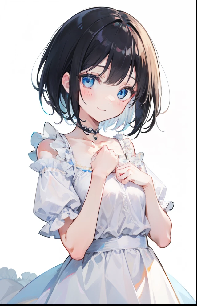 Girl, white background, no background, black hair, short hair, blush, white light blue fashion, frills, smile, kawaii, no background, left hand gently clenches into a fist and goes to chest, light blue eyes, Delicate, with one arm down, and clothes that don't open at the chest. high quality