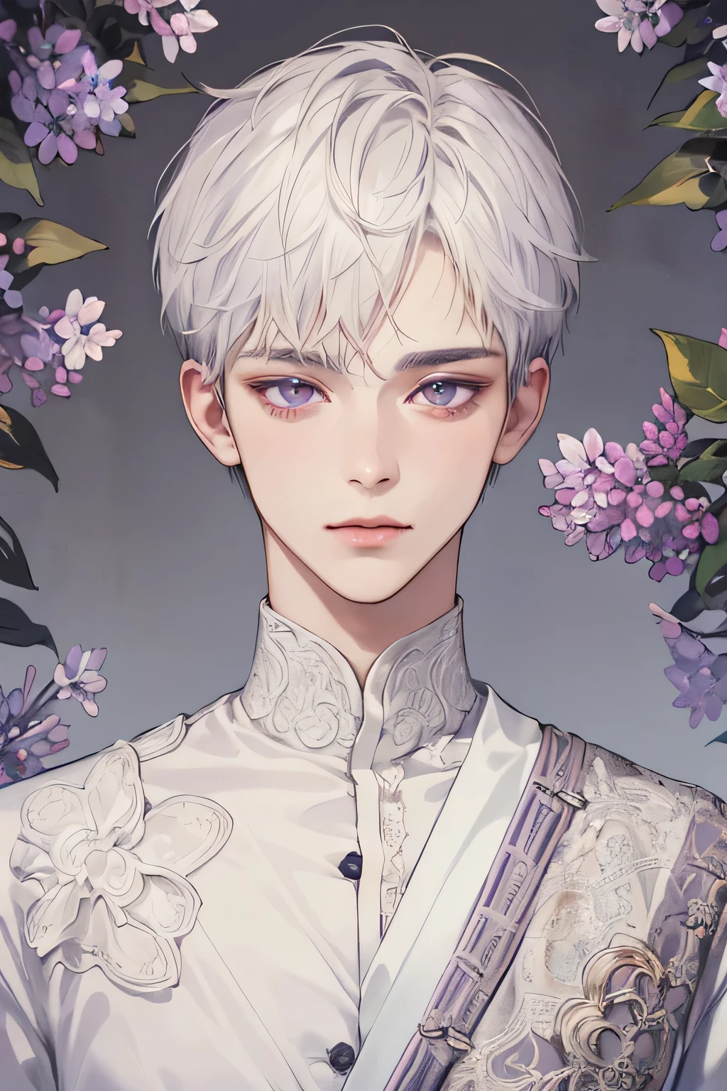(extreamly delicate and beautiful:1.2), 8K,(masterpiece:1.0),(best_quality:1.0), 1boy, and intricate detailing, Enlarged textures, and intricate detailing, finely eye and detailed face, and intricate detailing, white short hair, (closed mouths), Perfect eyes, Equal eyes, lilac purple eyes (A male god), perpect body,