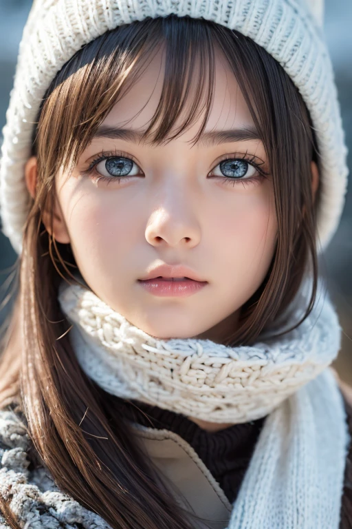 one girl, (a beauty girl, delicate girl:1.3), (13 years old:1.3),
break, Browsing Caution, (scarf, Knitted hat:1.3),
break, Definition of very fine particles, (Symmetrical eyes:1.3),
break, (Snow Scene:1.3),
break, Small breasts, Brown eyes, Parted bangs, Brown Hair,  girl,
break, (Eye and facial details:1.0),
break, (masterpiece, highest quality, Very detailed, Detailed face, 8k)