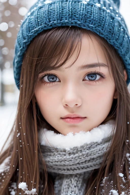 one girl, (a beauty girl, delicate girl:1.3), (13 years old:1.3),
break, Browsing Caution, (scarf, Knitted hat:1.3),
break, Definition of very fine particles, (Symmetrical eyes:1.3),
break, (Snow Scene:1.3),
break, Small breasts, Brown eyes, Parted bangs, Brown Hair, girl,
break, (Eye and facial details:1.0),
break, (masterpiece, highest quality, Very detailed, Detailed face, 8k)
