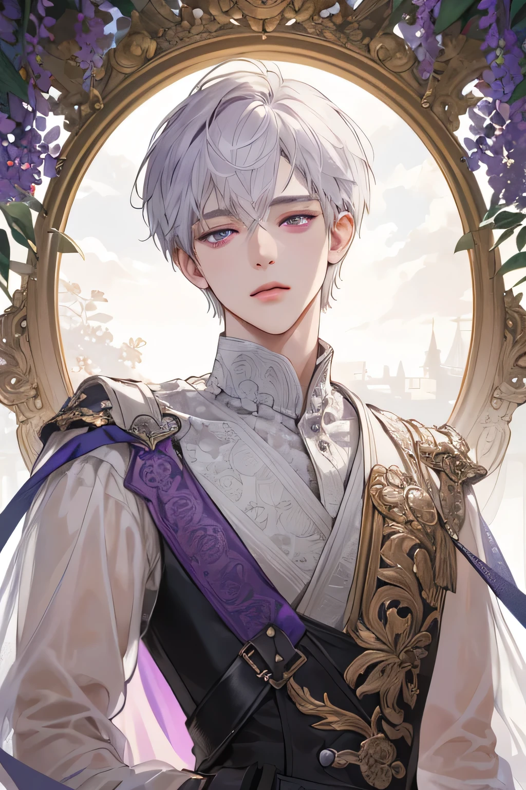 (extreamly delicate and beautiful:1.2), 8K,(masterpiece:1.0),(best_quality:1.0), 1boy, and intricate detailing, Enlarged textures, and intricate detailing, finely eye and detailed face, and intricate detailing, white short hair, (closed mouths), Perfect eyes, Equal eyes, lilac purple eyes (A male god), perpect body,