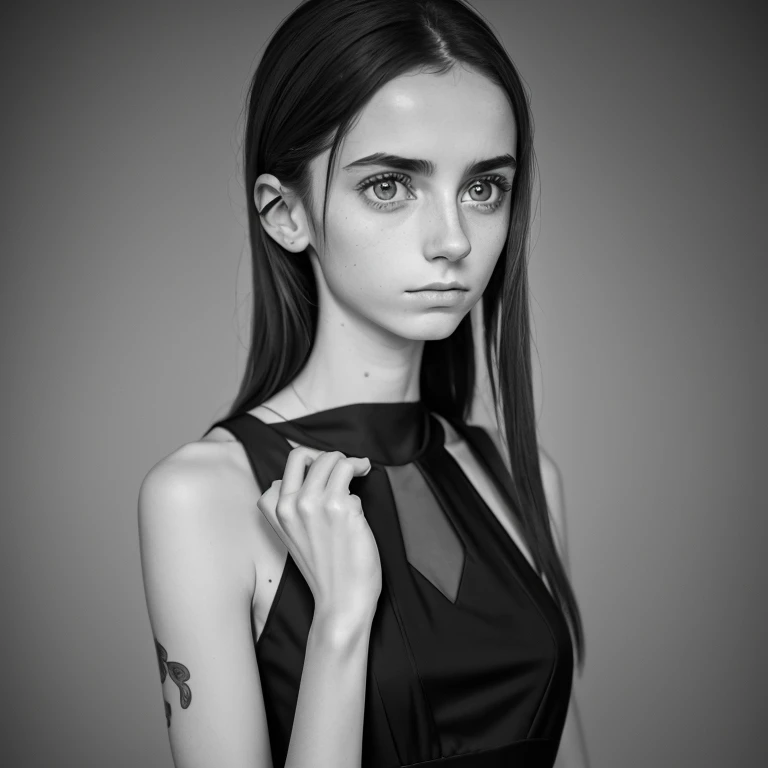 Photo of a European girl with eating disorders, raw, (detailed face:1.2), ((thin body:1.35, sensitive expression:1.2)), alabaster skin, hollow cheeks, (anxious eyes:1.2, restless hands:1.2), wearing simple clothes, in a dimly lit room, (monochrome background:1.2), (therapeutic session:1.3), Rafael processing, realistic, (Best Quality:1.3), (Detailed:1.2), photographed with a Canon EOS R, 85mm lens, F/1.8, (semi-transparent jumpsuit:1