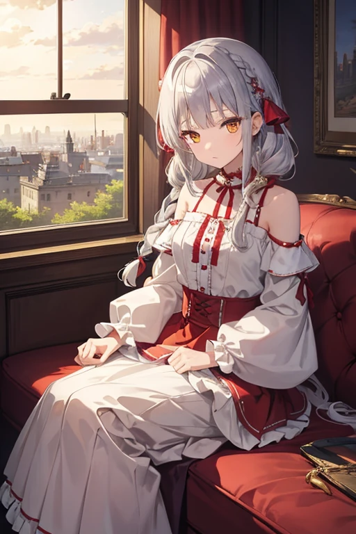 masterpiece, highest quality, High resolution, ****************、Golden Eyes、
Silver Hair,  Braiding、Crimson frill dress, Shoulder puff sleeves、flare skirt、Long skirt、Western-style building、Sit by the window