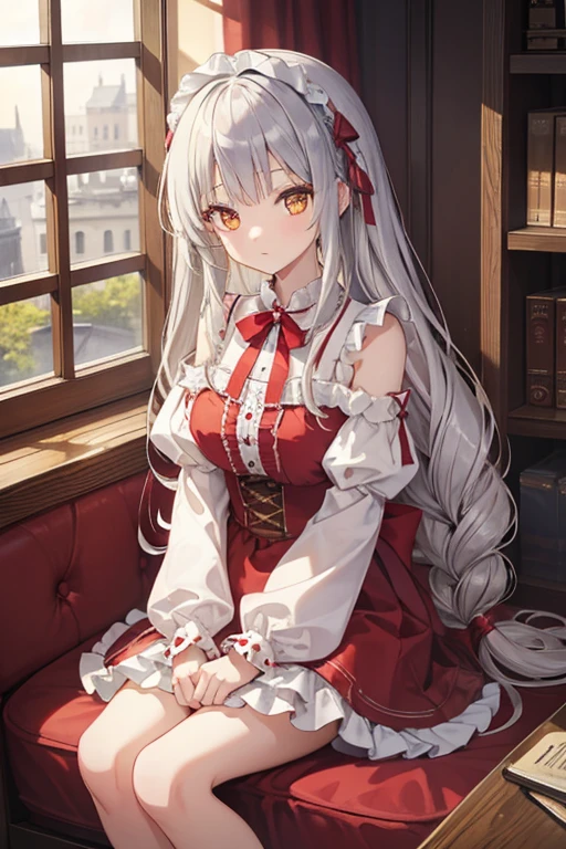 masterpiece, highest quality, High resolution, 14-year-old girl、Golden Eyes、
Silver Hair, Braiding、Crimson frill dress, Shoulder puff sleeves、flare skirt、Long skirt、Western-style building、Sit by the window