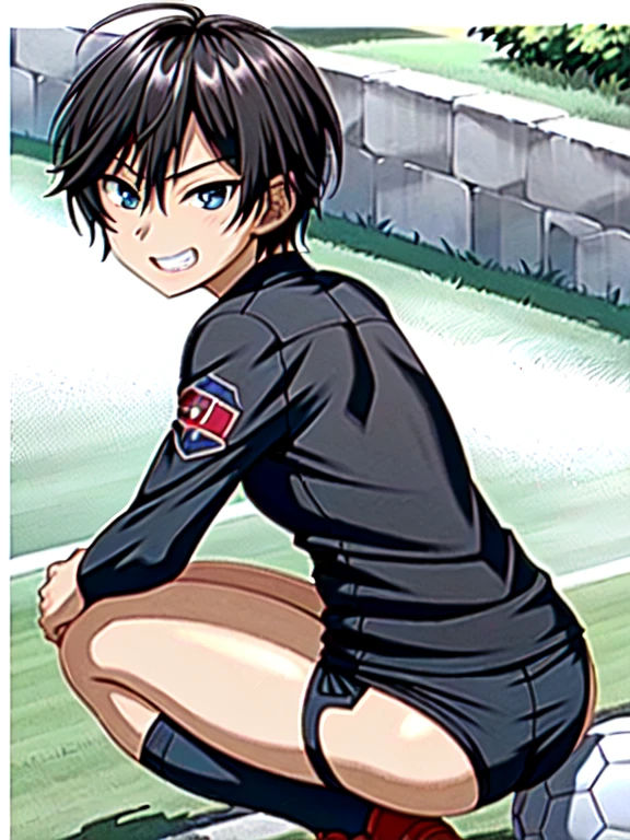 (((Official Art,Ultra-thin illustration,High resolution, Full color images,  In 4K, 8k,最high quality,最high quality,:1.2)))high quality, A very cute young ace striker male idol,12 years old,(Black Hair、short hair)、Shiny Hair, (Tight random color soccer uniform:1.2), (Tight and very short soccer shorts:1.2),Proud ass、Butt facing forward、((Detailed eyes:1.2))、(((Soccer field in the park)))、((Saucy、))、Grin、Service shot、Spread legs、Hands are the head、Crouching、