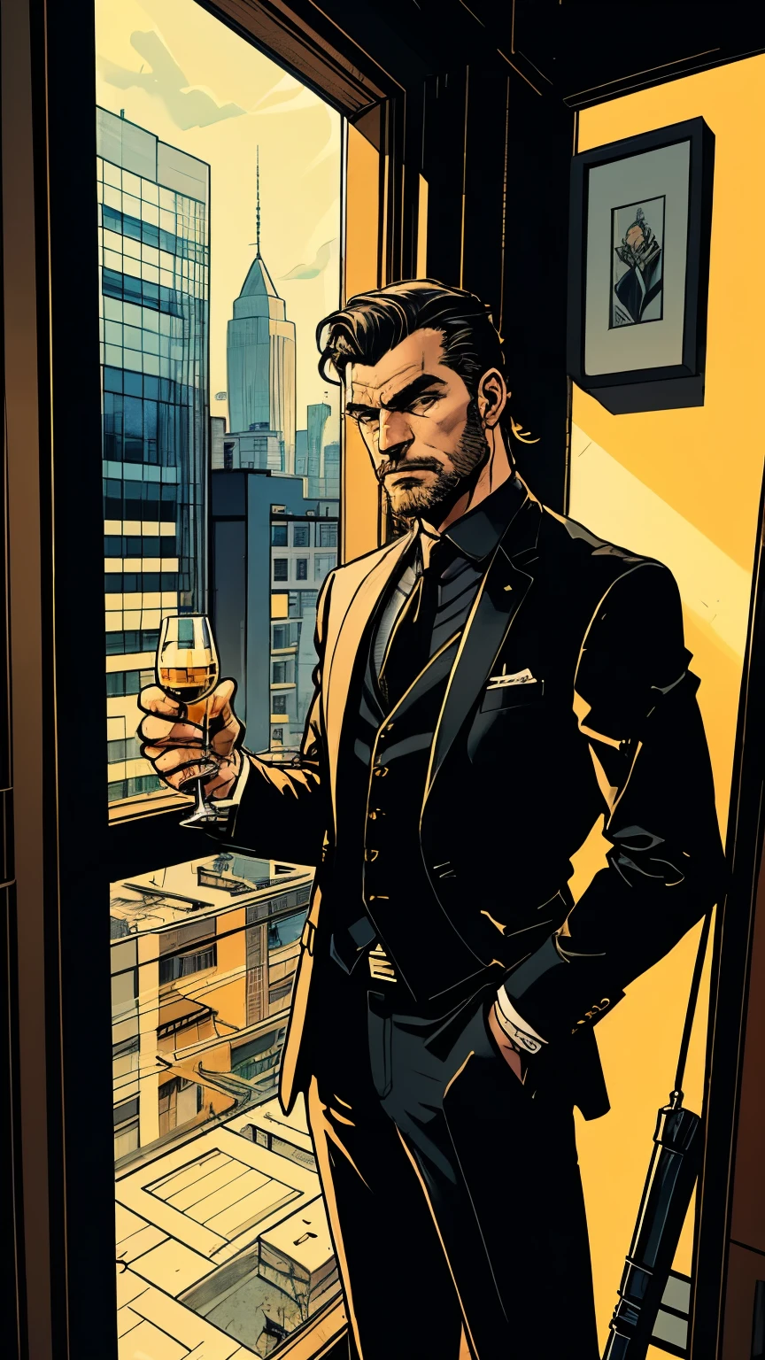 Desenho de linha, tirinha, a man looking at the landscape from the window of his luxury apartment with a glass of whiskey in his hand, He's wearing a black suit 