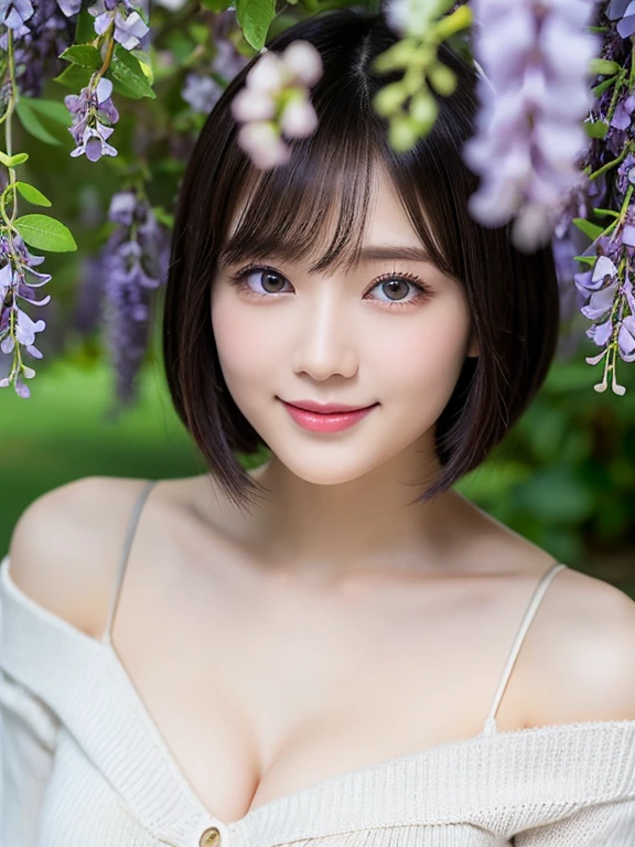 Medium Shot、((Upper Body))、(highest quality:1.5)、(Realistic:1.5)、(1 person:1.5)、(Very detailed)、(High resolution)、8k、((Wear a white off-the-shoulder sweater))、Slightly small breasts、Natural color lips、Cute Smile、20-year-old girl、(Beautiful and elaborate face)、(Perfect and beautiful face)、(Big eyes)、(Beautiful and elaborate face)、(Beautiful, balanced eyes)、Perfect and beautiful double eyelids、Perfect and beautiful face、Arched eyebrows、 Thin eyebrows、Feminine poses、Slim face、Slim figure、Beautiful and thin nose、 Beautiful Skin、(Medium Bob Hair)、Natural Bangs、Fair skin、Front lighting、(Lighting the face)、(Beautiful cleavage)、Deep blue eyes、Slim waistline、Standing in front of a tunnel of wisteria flowers、