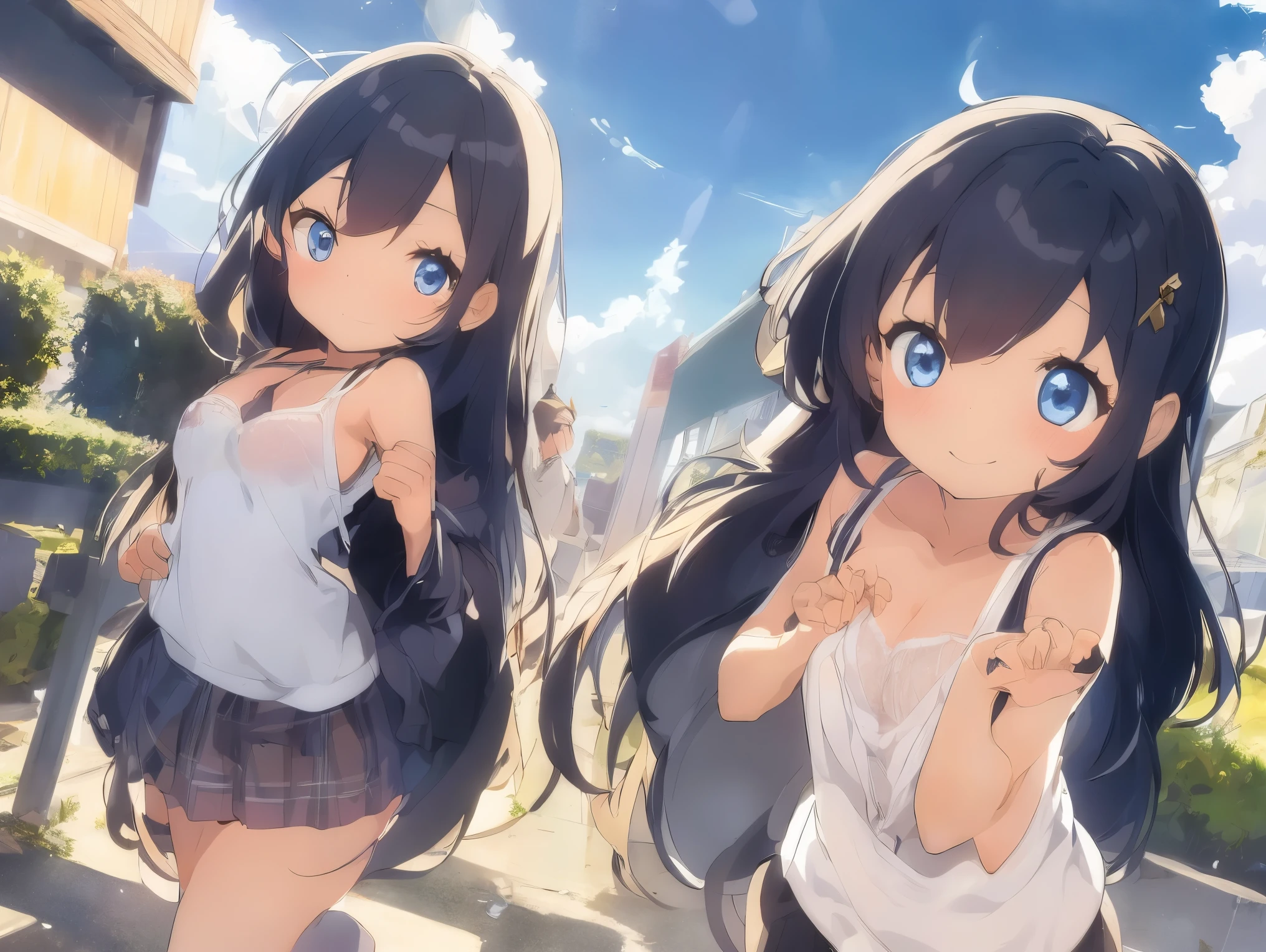 Girl in a long unbuttoned white shirt、Cute white bra、Cute white underwear、barefoot、Girl with super long black hair、Blue Ocean,Cumulonimbus and blue sky、Beautiful breasts、The cracks are clearly visible、Perfect hands、Perfect Legs、Cute mouth、smile