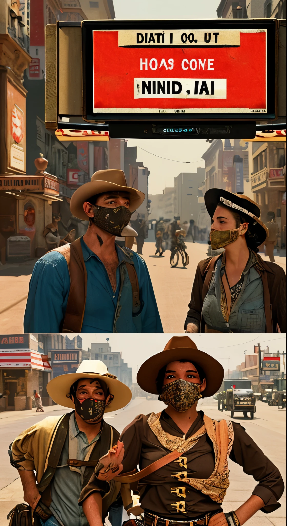 A man wearing a bandit bandana and a woman wearing a bandit bandana on her face,coming out of a cigarettescreen on a city street,The pioneering days of America)Western Region,Villain,cigarette,Dust,artwork,3D,4K,detailed,Realistic