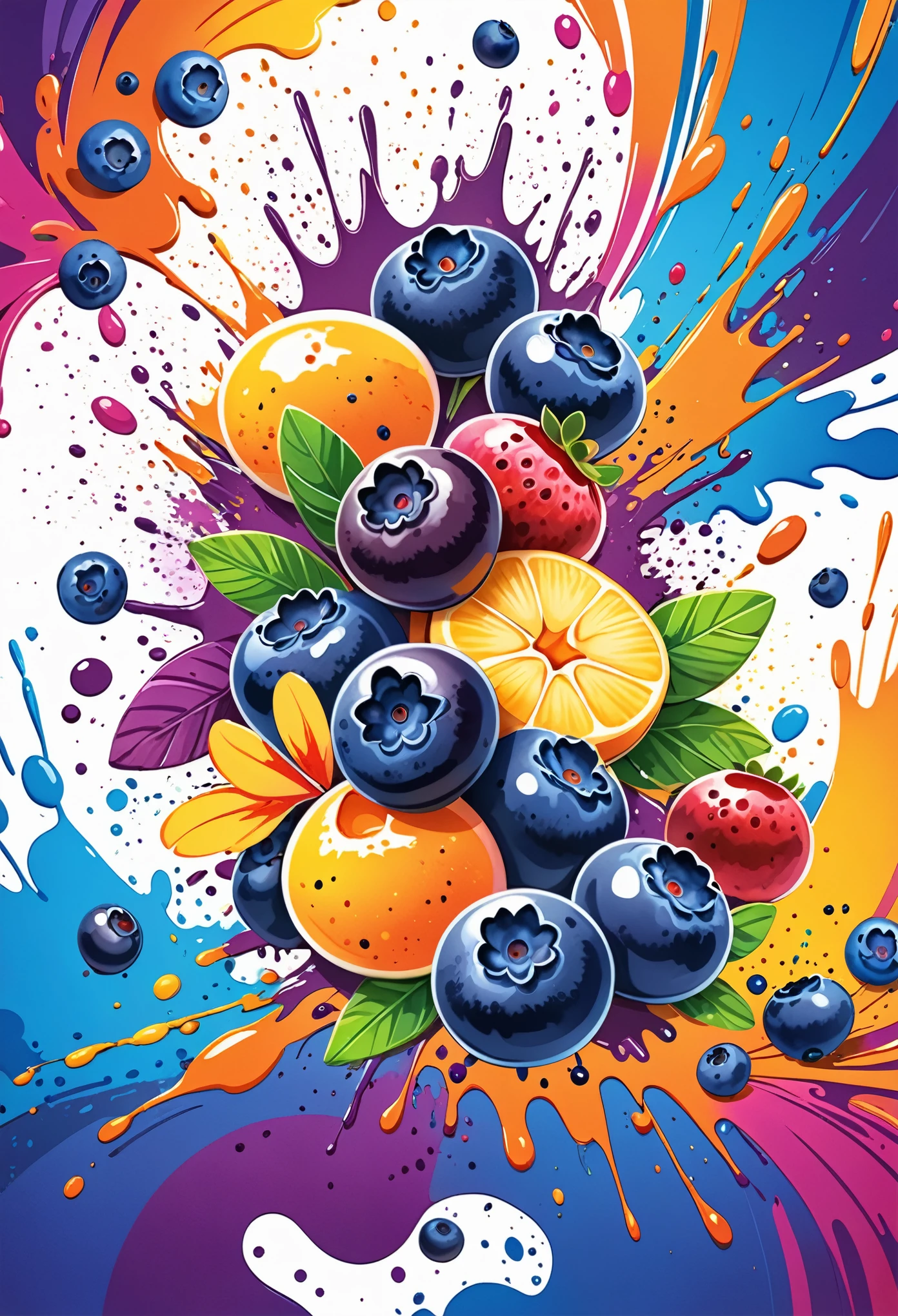 Vector Art, With lots of blueberry colorful illustrations, In the center, Vibrant colors, Paint splatters and stains, High Detail,Hawaiian style background
