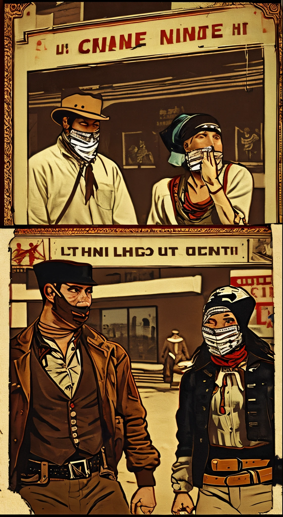 A man wearing a bandit bandana and a woman wearing a bandit bandana on her face,coming out of a cigarettescreen on a city street,The pioneering days of America)Western Region,Villain,cigarette,Dust,artwork,3D,4K,detailed,Realistic