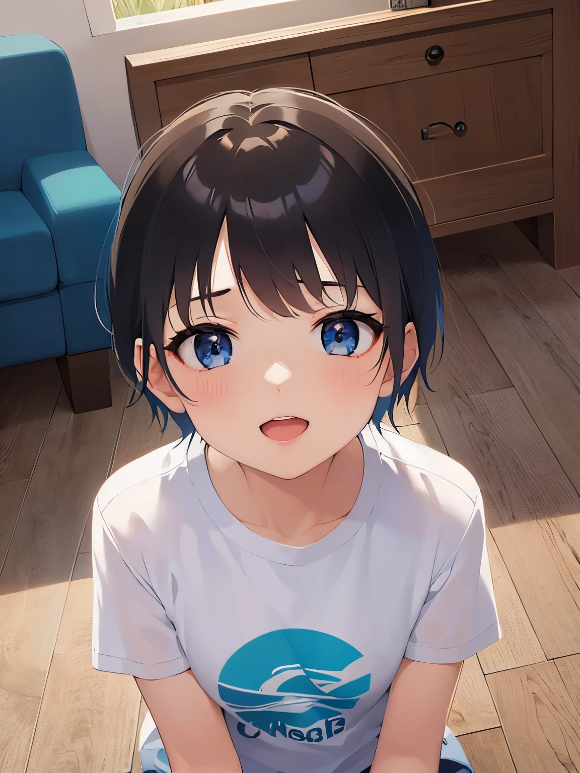 Shooting from above、looking up, 、masterpiece、highest quality、 (Short hair with brown bangs) and (Blue eyes) and (5 boy:1.5)、Boy, (white) and (T-Shirts)、smile、open mouth, Are standing、The background is the living room、The upper body is shown、Alone、