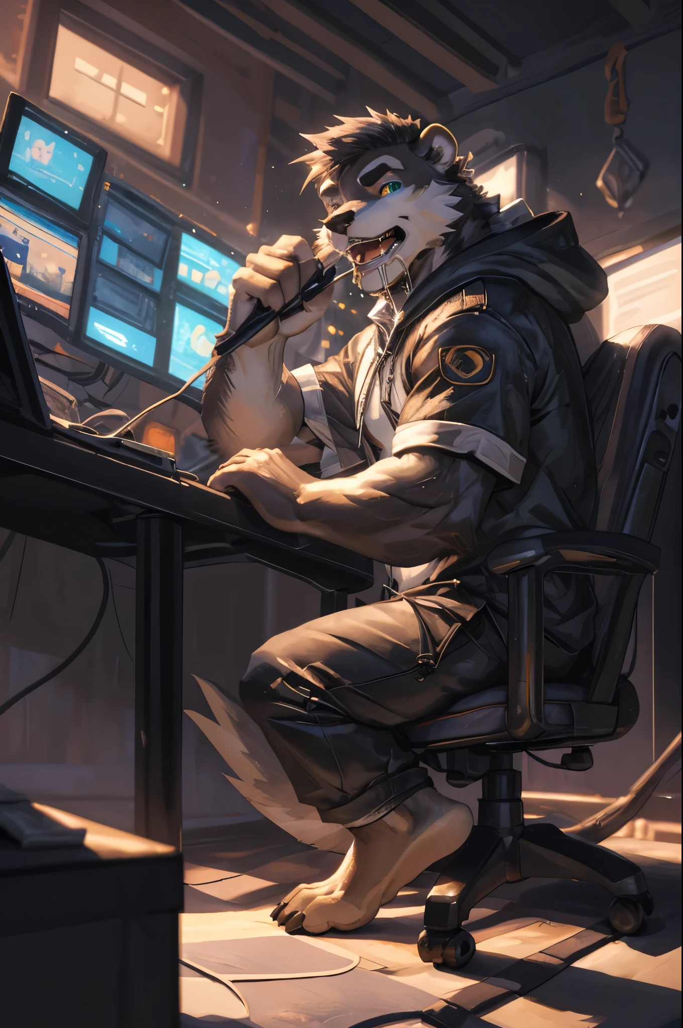 (((Barefoot furry character, full body, cinematic setting, furry male, plantigrade, wearing anklets))), computer lab scene with a tech-savvy otter teacher wearing a hoodie and glasses, sitting at a computer desk surrounded by monitors and circuit boards, long brown pants, nice feet paws, (((showing soles to the viewer))), BREAK, detailed background, 8K, (masterpiece:1.5), intricate details, highly detailed, extreme detail, octane render, fine art, best quality, highres, (detailed face:1.5), ((full_body)), UHD, (((perfect hands))), low light, (((green glow in eyes, open mouth, drooling, deeply hypnotised)))
