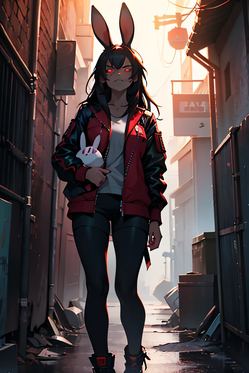 A young scary woman with dark hair, sharp teeth and neon red eyes, holding a dirty bunny plushy, standing in a dark alleyway. Detailed, 8k, perfect hands