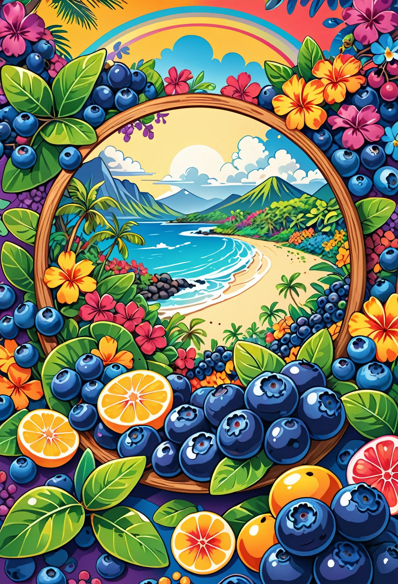 Vector Art, With lots of blueberry colorful illustrations, In the center, Vibrant colors, High Detail,Hawaiian style background
