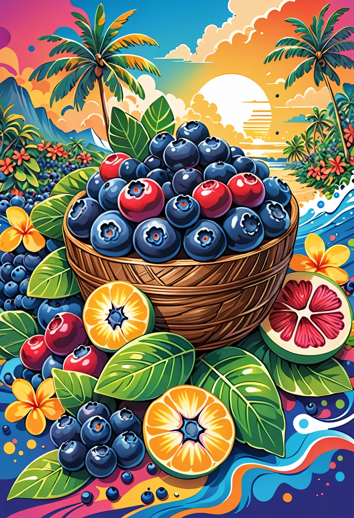 Vector Art, With lots of blueberry colorful illustrations, In the center, Vibrant colors, High Detail,Hawaiian style background
