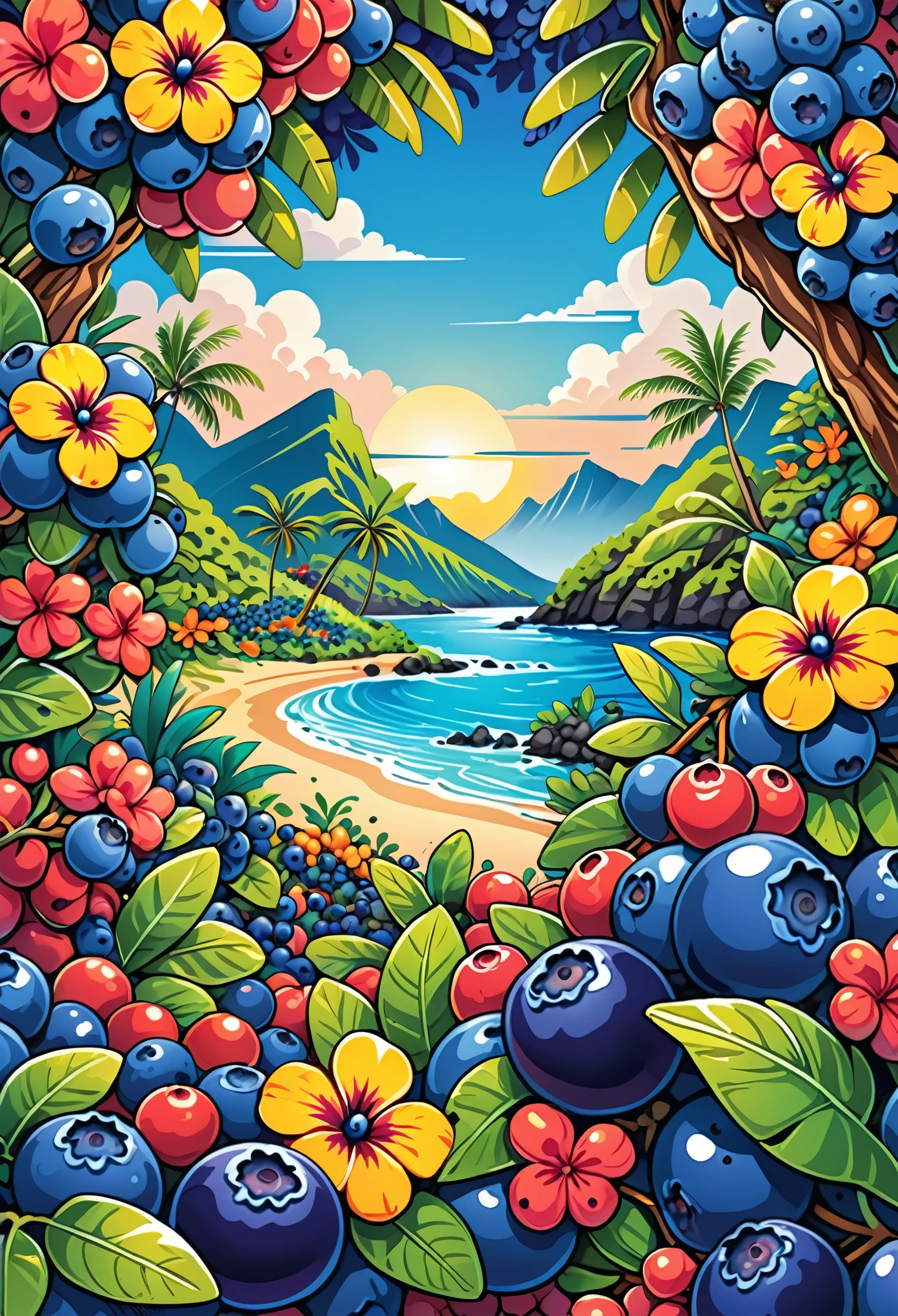 Vector Art, With lots of blueberry colorful illustrations, In the center, Vibrant colors, High Detail,Hawaiian style background