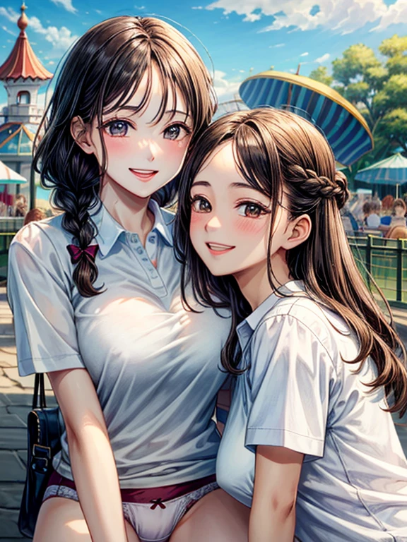 masterpiece、High definition、High resolution、high quality、High resolution、Ten generations of women、Braid、The forehead is visible、Beautiful Lipoist lips、Very large breasts、Courting face、Smiling with teeth showing、((near))、White polo shirt、Underwear is visible、amusement park