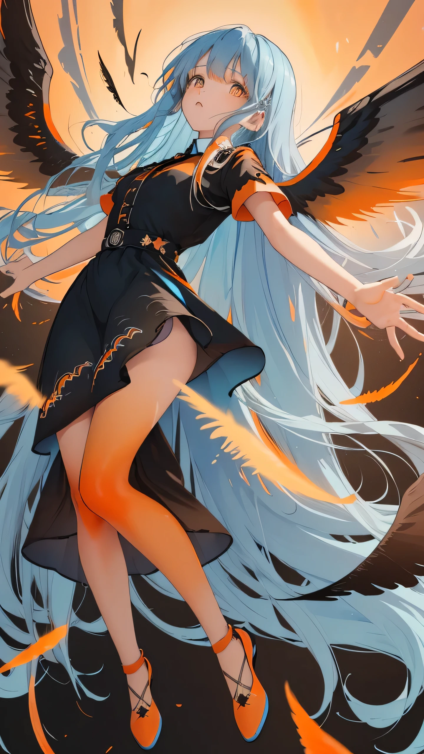 (masterpiece, highest quality:1.2), 1 cute girl, yo, ideal ratio body proportions, (light blue long hair, a pair of black wings, orange and brown gradient dress:1.4), several tiny ghosts, mini dress, short sleeves, bare arms, bare hands, bare legs, pumps, outstretched arms, in castle, white panties, 