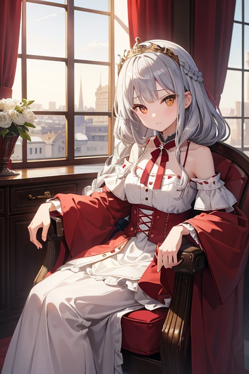 masterpiece, highest quality, High resolution, 14-year-old girl、Golden Eyes、
Silver Hair,  Braiding、Crimson classic dress, Shoulder puff sleeves、flare skirt、Long skirt、Tiara on head、Western-style building、Luxurious chair、Sit by the window