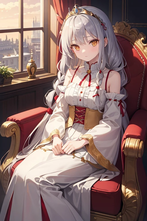 masterpiece, highest quality, High resolution, ****************、Golden Eyes、
Silver Hair,  Braiding、Crimson classic dress, Shoulder puff sleeves、flare skirt、Long skirt、Tiara on head、Western-style building、Luxurious chair、Sit by the window