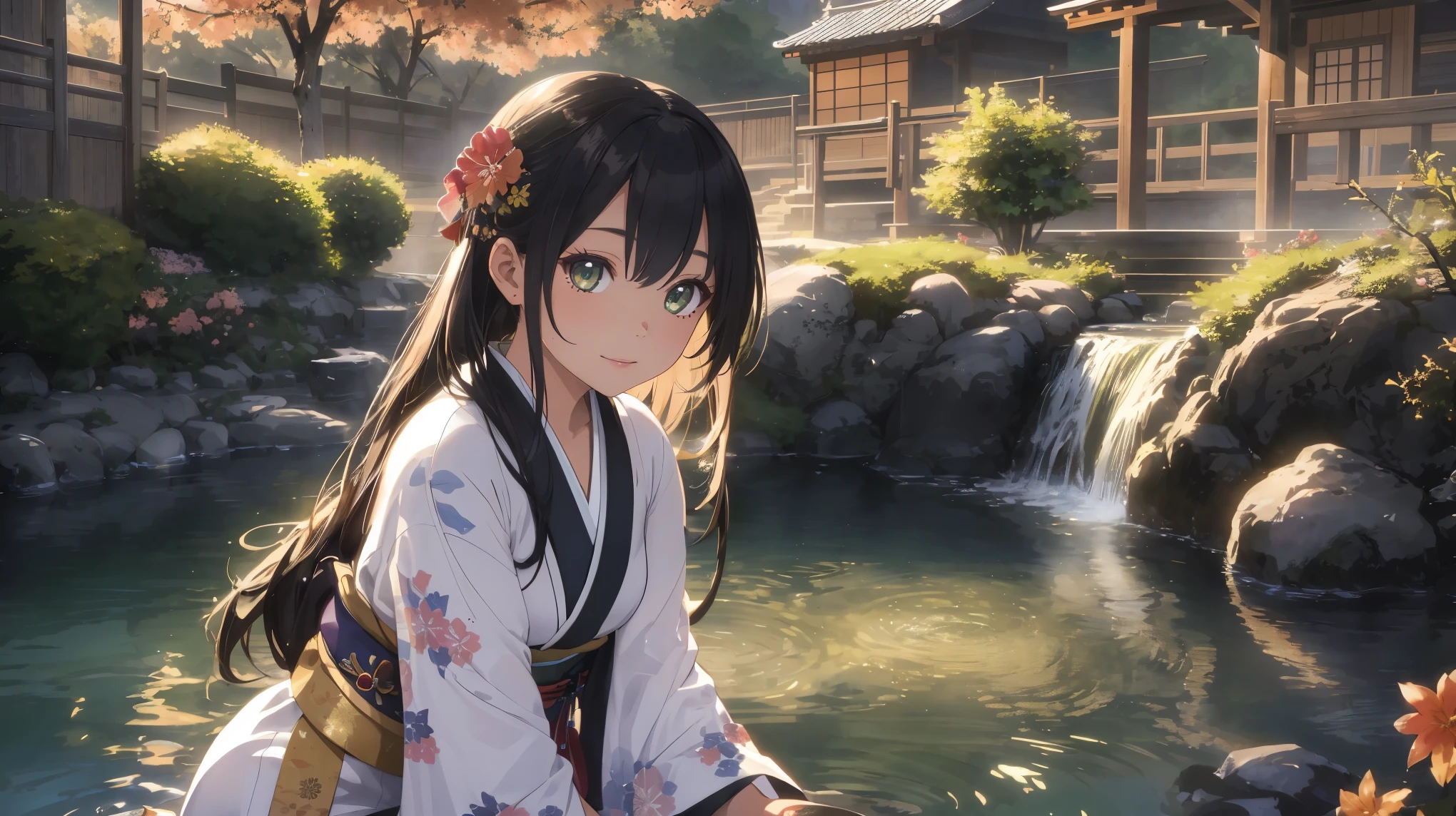 8k, PhotoRealistic, Super detailed, Very detailed, Close-up photo of a girl, long flowing hair, Colorful Hair, wear Kimono, Hot spring in the background, Top quality natural hot springs, Realistic, photoRealistic, (Intricate details:1.2), (Delicate and detailed), (Cinematic Light, Top quality backlighting), Clear lines, Sharp focus, Realistic face, Detailed face, unity 8k wallpaper, Ultra-high resolution, photoRealistic, View your viewers, 16k, Ultra-high resolution.