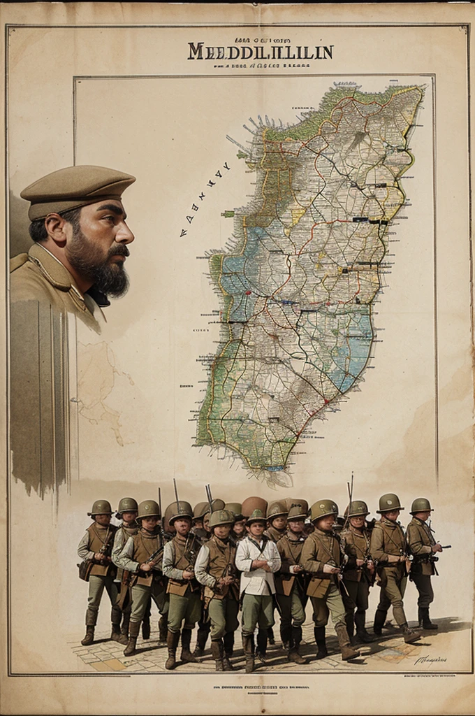 I want you to draw me a sketch of the map of Medellín with some soldiers of the French Revolution pretending to enter the map and some peasants coming out of it in color and with the signature of Chey