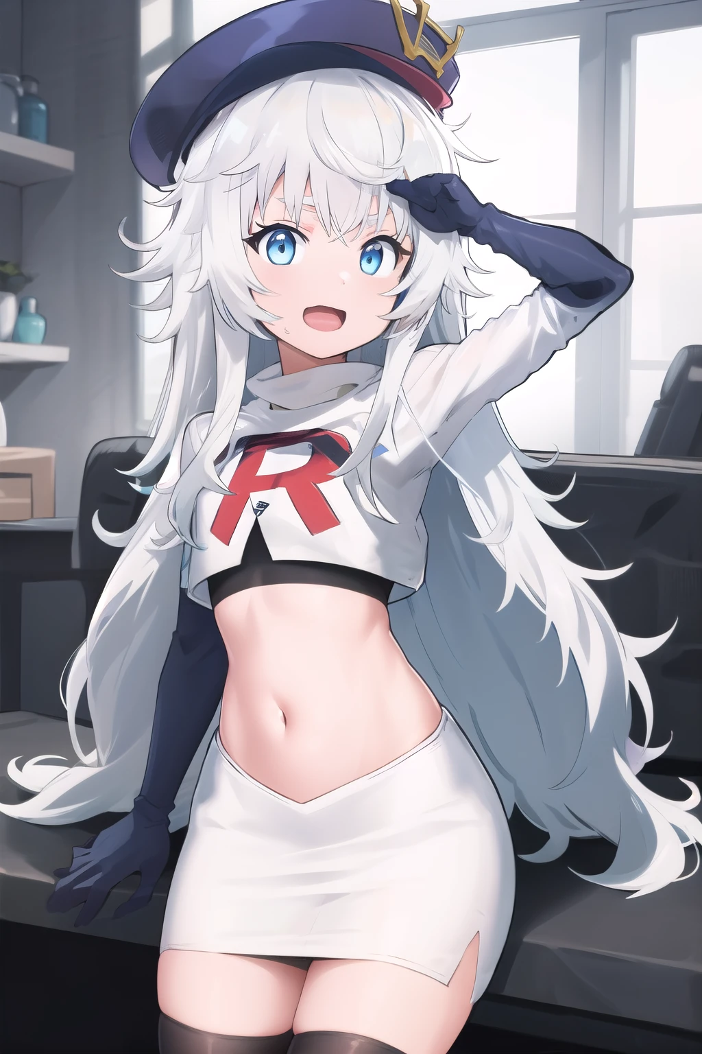 masterpiece, best quality, highres, 1girl, solo, long hair, hat, blue eyes, white hair, messy hair, team rocket,team rocket uniform,white skirt,red letter R,crop top,black thigh-highs,black elbow gloves