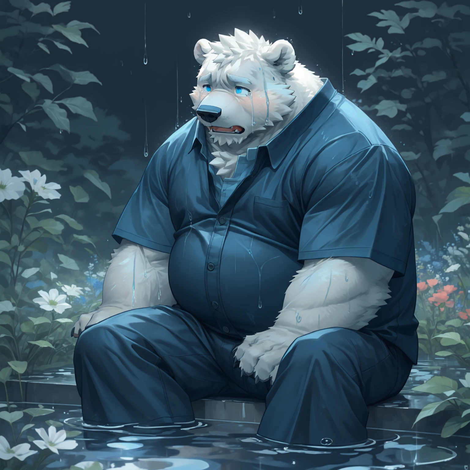 New Jersey 5 Furry，polar bear，Exquisite，roar,Fangs,張開嘴cry,cry,Tears,wet,rain, Sad expression,night, sitting,Close your eyes,garden, masterpiece, Casual Wear, Oily ，Solitary，Chubby，Fat，Thick arms，Rugged muscles，White plush fur，Chubby脸，Black eyebrows，Sky blue eyes，Beard，Cover, high resolution, top quality, best quality,