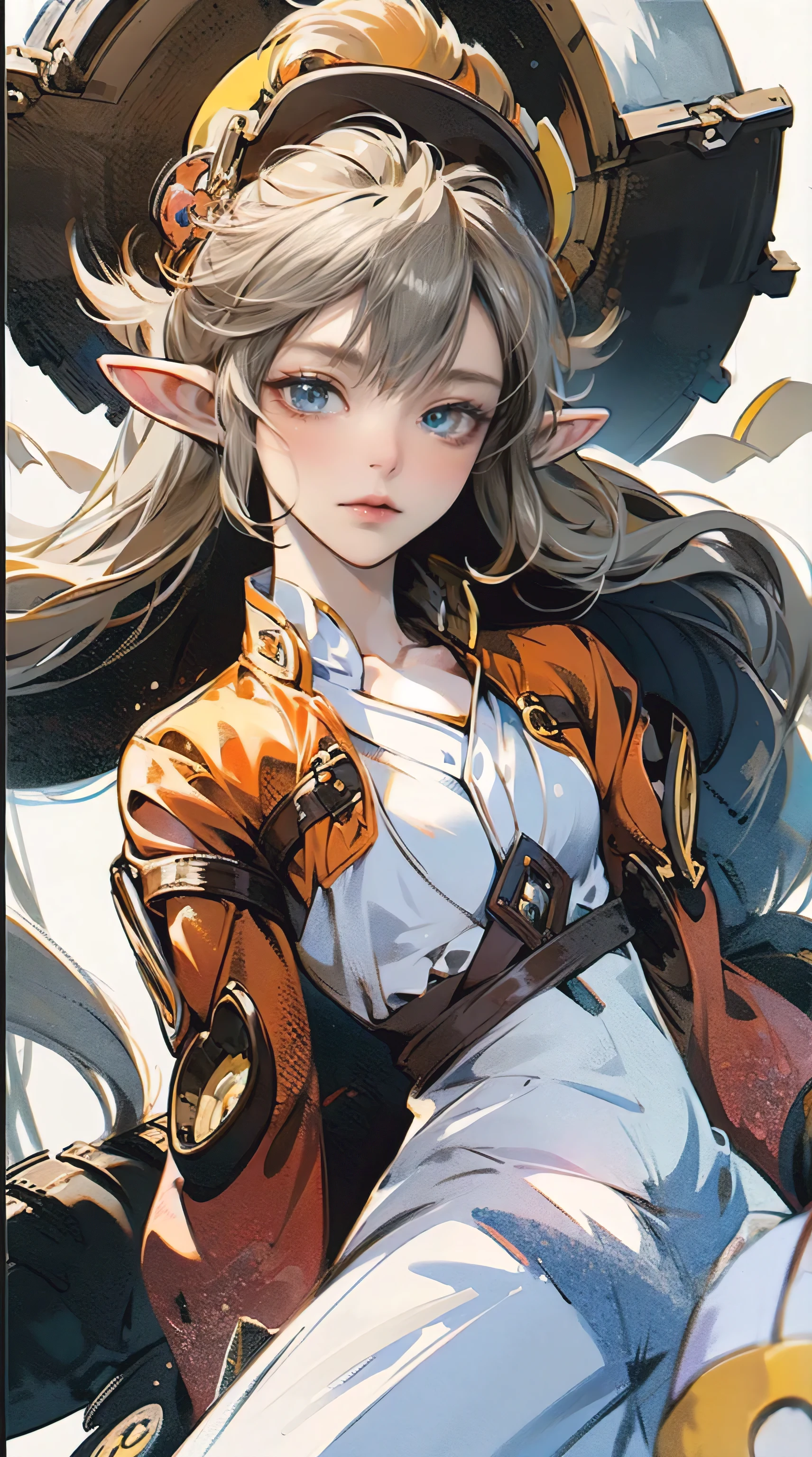 Maria, a beautiful Extremely cute elf race face, 1girl, insanely detailed face and eyes, Perfect lips, pirate captain, Sunshine, hands on straw hat, red jacket, Lying down,, closed shirt, pirate hat, looking at viewer, upper body, ABS, asymmetrical bangs, white blonde short hair, Small breast, digital painting, dramatic, cinematic lighting, fine expression, fine detail, masterpiece, fantasy art, illustration, masterpiece, digital art by Yusuke Murata.
