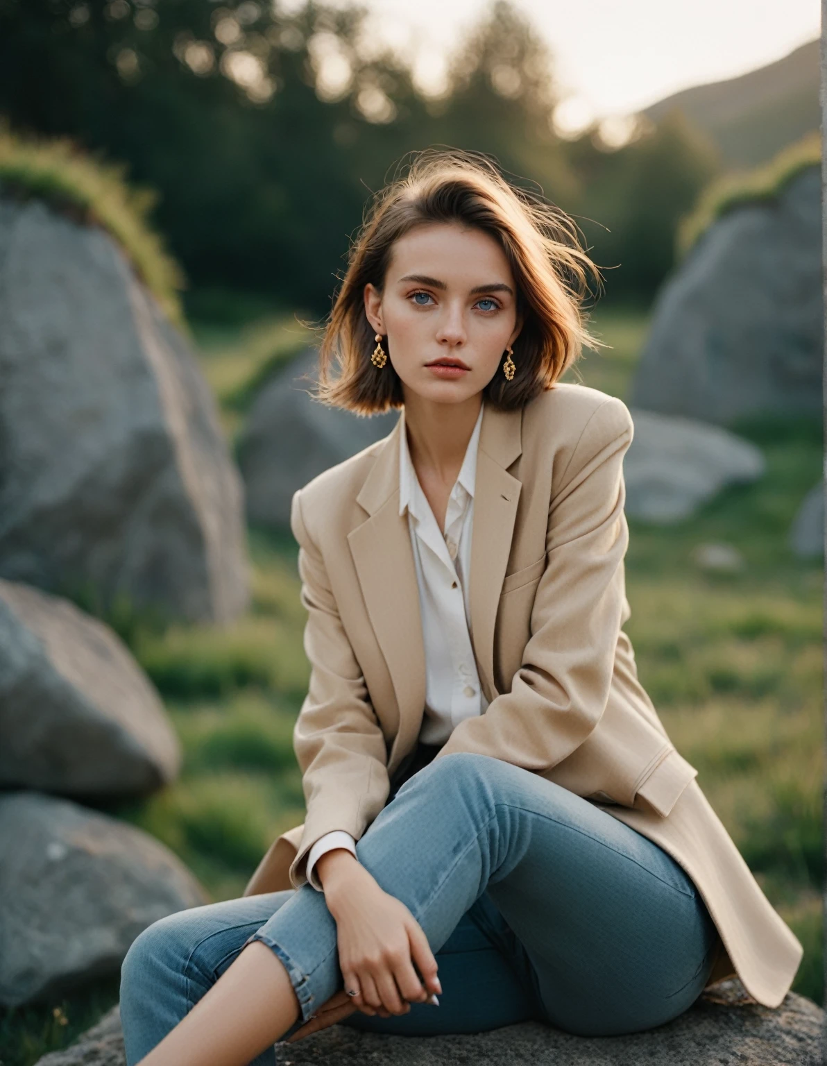 amateur photo of a woman, analog, raw, f2, 35mm, an (amateur photo) of a 50 year old candid photo of a woman, flash photography, taken on an old camera, polaroid, half body photo of a beautiful 20 years old Icelandic girl, extremely detailed eyes, beautiful face, detailed natural skin with pores, sitting on a rock with legs crossed, looking peaceful., Oversized blazer, skinny jeans, loafers, shoulder bag, stud earrings, (lofi, bokeh), by Marta Bevacqua, golden hour, cinematic lighting, (hazy filter, film grain:1.2). 8k, highly detailed, detailed skin texture, natural skin texture, perfect eyes, perfect iris, high detail eyes, detailed iris, detailed cloth texture, perfect eyes, detailed eyes, (high quality, best quality:1.3), Extremely high-resolution, film grain, dslr, Kodak Portra 400 camera f1.6 lens, 35mm, Fujifilm Superia Premium 400, Nikon D850, 