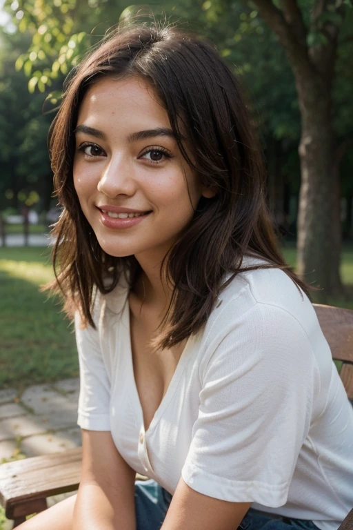 A girl sitting on a bench in a park, with a small nose, and full, captivating lips, exuding a bright and genuine smile.The girl hair should be short and brown The image should have high detail and be of the best quality, preferably in UHD, 8k, or 1080P resolution. It should showcase ultra-fine details, resembling a masterpiece. The girl's skin should have a textured appearance, adding to the realism and depth of the image. To enhance the overall effect, the girl could have a Latina heritage, with rich, vibrant colors that accentuate her features. The lighting should be natural and emphasize the contours of the mountain and the girl's facial structure.