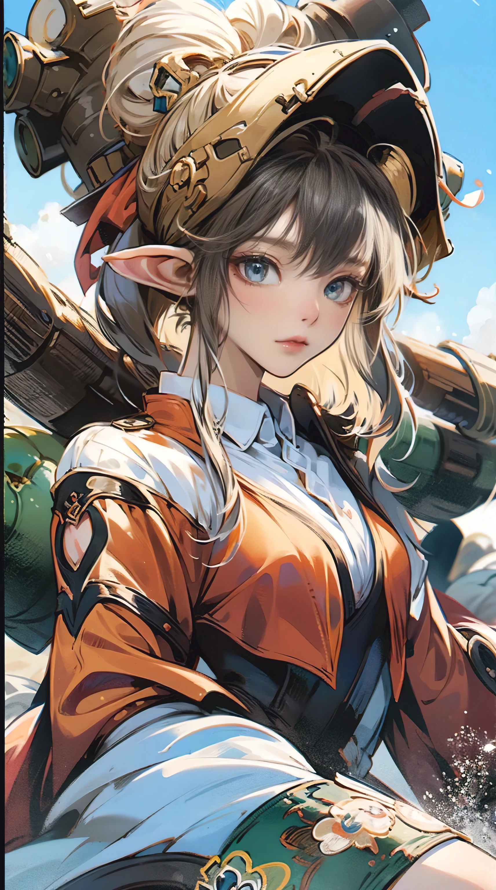 Maria, a beautiful Extremely cute elf race face, 1girl, insanely detailed face and eyes, Perfect lips, pirate captain, Sunshine, hands on straw hat, red jacket, Lying down,, closed shirt, pirate hat, looking at viewer, upper body, ABS, asymmetrical bangs, white blonde short hair, Small breast, digital painting, dramatic, cinematic lighting, fine expression, fine detail, masterpiece, fantasy art, illustration, masterpiece, digital art by Yusuke Murata.
