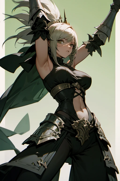 Estilo Dark Souls 3, Mujer, cabello verde, pose de batalla, armadura, abdominales marcados 