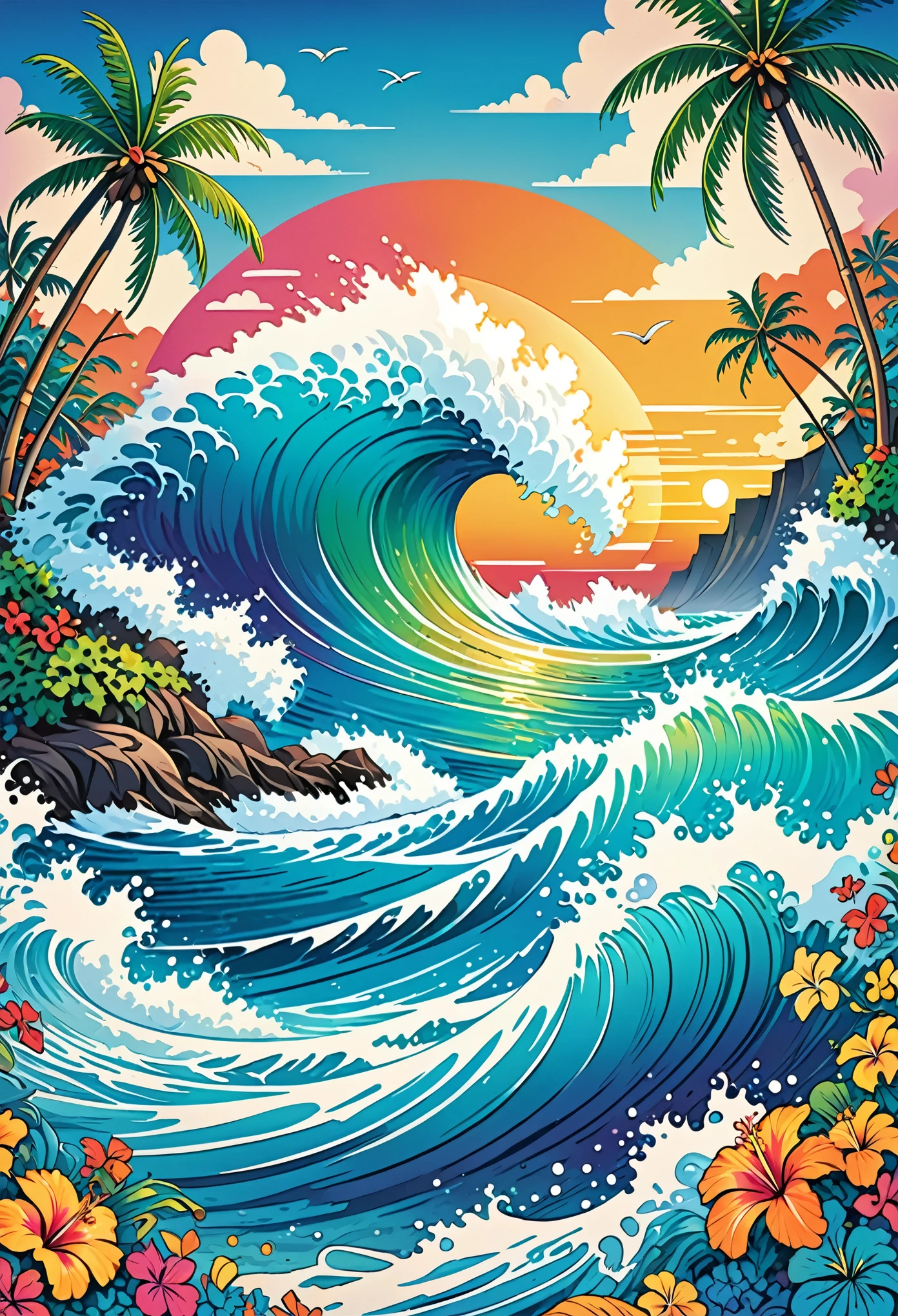 Vector Art, Colorful illustration with lots of ocean waves, In the center, Vibrant colors, High Detail,Hawaiian style background
