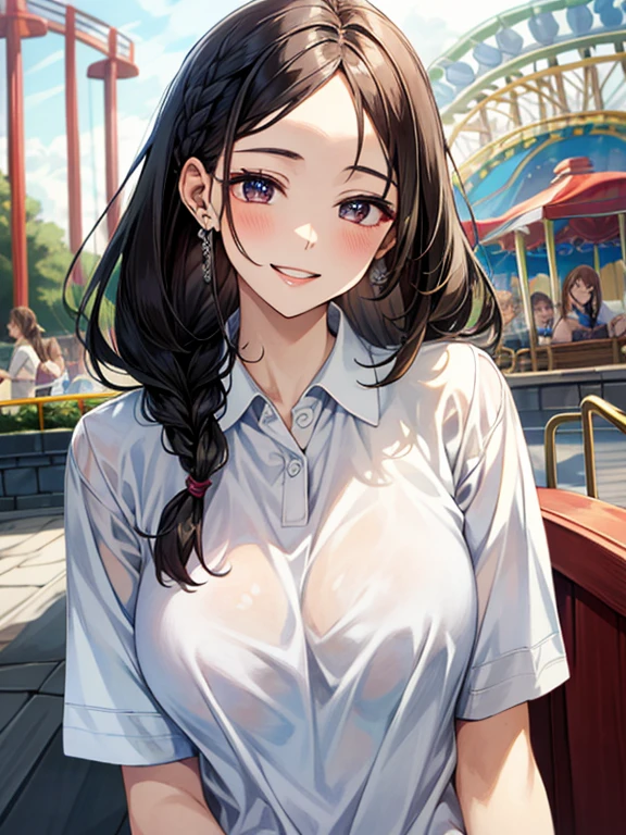 masterpiece、High definition、High resolution、high quality、High resolution、Ten generations of women、Braid、The forehead is visible、Beautiful Lipoist lips、Very large breasts、Courting face、Smiling with teeth showing、((near))、White polo shirt、Bra is see-through、amusement park