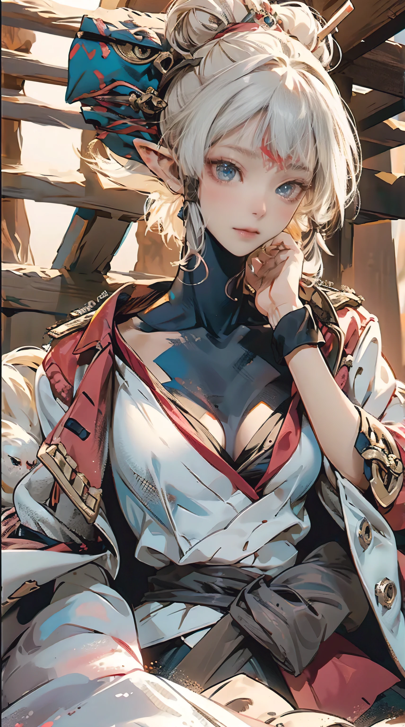 paya, a beautiful Extremely cute elf race face, 1girl, insanely detailed face and eyes, Perfect lips, pirate captain, Sunshine, hands on straw hat, red jacket, Lying down,, closed shirt, pirate hat, looking at viewer, upper body, ABS, asymmetrical bangs, white blonde short hair, Small breast, digital painting, dramatic, cinematic lighting, fine expression, fine detail, masterpiece, fantasy art, illustration, masterpiece, digital art by Yusuke Murata.
