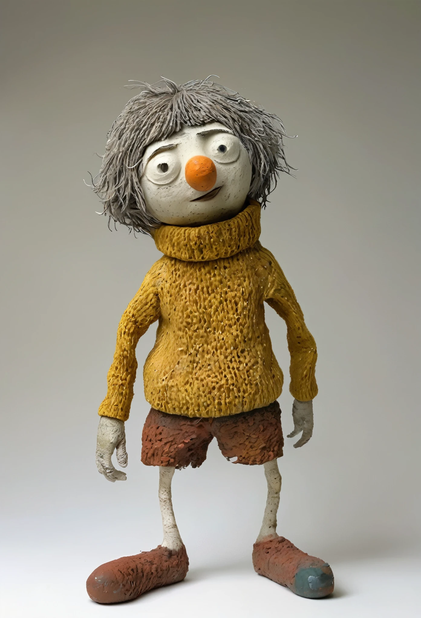 (best quality:1.2),ultra-light Clay, Clay, Pottery, Rough knitted texture, distressed, dirty, mineral pigments, 3D Clay sculpture art, Clay sculpture, Rough surface, (Art work,Pee Herman, as a sock puppet,Long legs,concept art,)